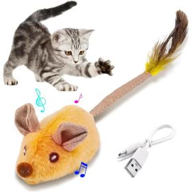 Interactive Cat Toys Mouse With LED Lights ForIndoor Cats USB Rechargeable Cat Mouse Toysfor Cats, Moving Automatic Chirping Squeakywith Feather (Color: Yellow)
